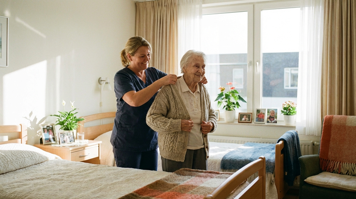 Eine fürsorgliche Pflegekraft hilft einer älteren Dame liebevoll beim Anziehen einer Strickjacke. Das Schlafzimmer ist ordentlich und hell, die Szene strahlt Geborgenheit aus.
