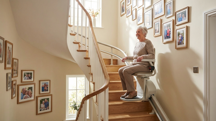 Ein moderner, unauffälliger Treppenlift in einem gepflegten Einfamilienhaus. Eine ältere Frau fährt sicher und lächelnd die Treppe hinauf, umgeben von Familienfotos an der Wand.