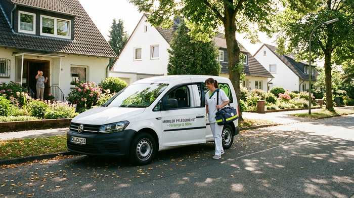 Ein weißes Pflegefahrzeug parkt in einer ruhigen, grünen Wohnsiedlung mit gepflegten Einfamilienhäusern an einem sonnigen Vormittag. Eine Pflegekraft steigt mit einer Tasche aus.