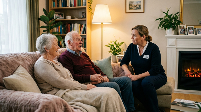 Eine freundliche Pflegedienstleiterin im Gespräch mit einem Senioren-Ehepaar auf einem gemütlichen Sofa im Wohnzimmer. Zugewandte Körperhaltung, aufmerksames Zuhören, warme Beleuchtung.