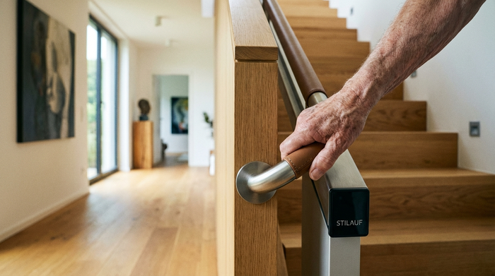 Eine Nahaufnahme einer älteren Hand, die sicher den eleganten Haltegriff eines modernen, unauffälligen Treppenlifts in einem hellen Flur umfasst. Hochwertiges Interieur.