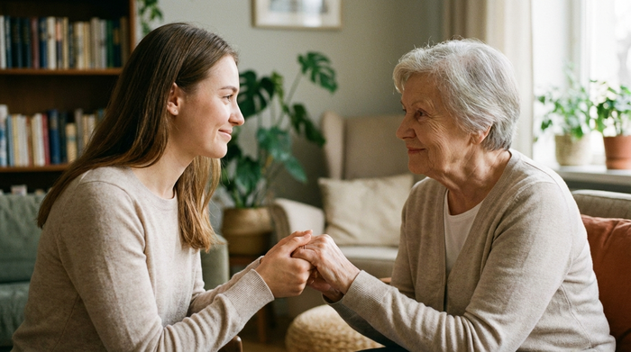 Eine junge Frau hält liebevoll beide Hände ihrer betagten Mutter. Sanftes Lächeln, weicher Hintergrund eines gemütlichen Zimmers, Fokus auf die emotionale Verbundenheit.
