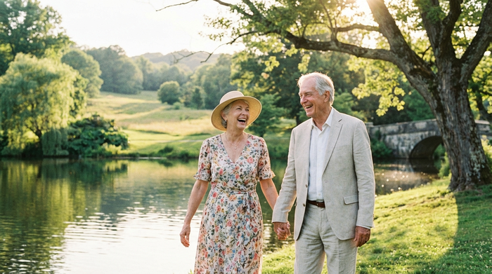 Ein älteres Ehepaar spaziert entspannt Hand in Hand an einem sonnigen Nachmittag entlang eines ruhigen Sees. Im Hintergrund ist eine idyllische, grüne Parklandschaft zu sehen. Die Szene strahlt Vitalität, Verbundenheit und Lebensfreude im Alter aus.