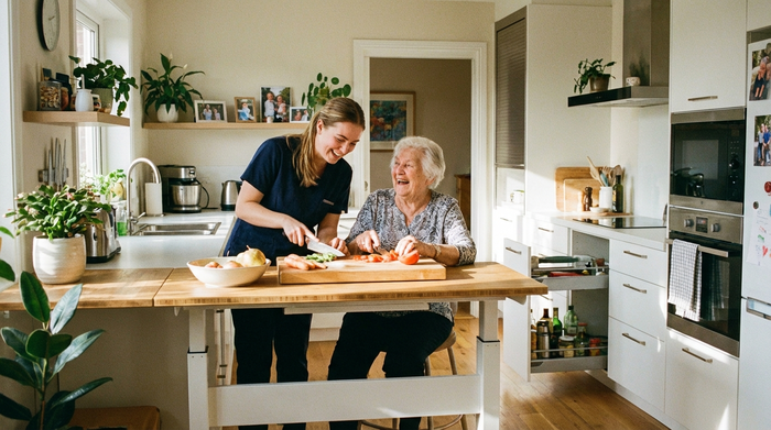 Eine junge Betreuungskraft und eine ältere Dame kochen gemeinsam in einer modernen, barrierefreien Küche. Sie schneiden frisches Gemüse und lachen fröhlich miteinander. Die Szene ist warm, familiär und voller positiver Energie.