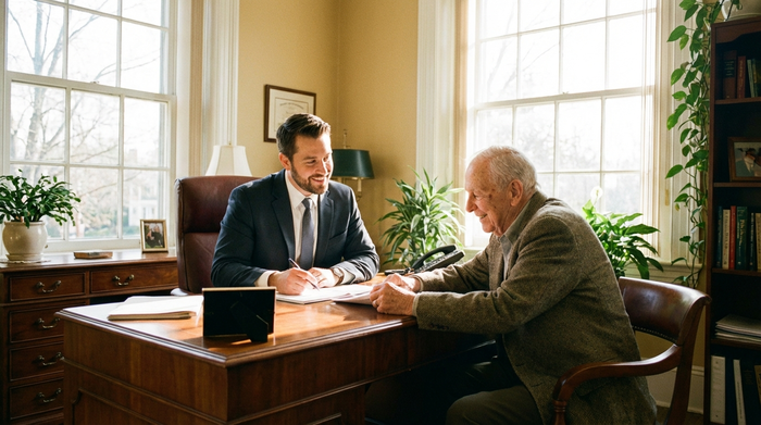Ein freundlicher Berater in einem hellen Büro sitzt einem älteren Herrn gegenüber. Beide blicken aufmerksam auf Dokumente auf einem Holztisch. Natürliches Licht, professionelle und vertrauensvolle Stimmung, realistische Szene ohne Schriftzüge.
