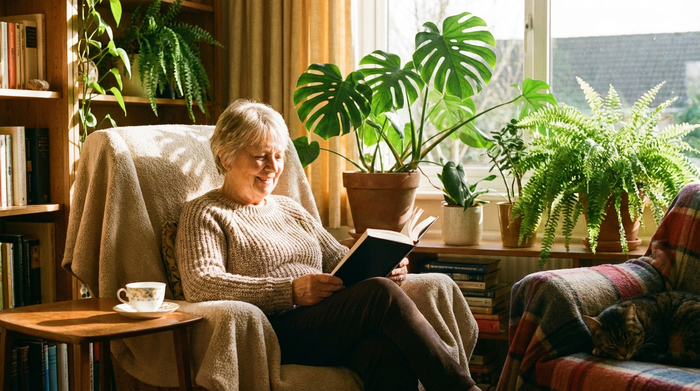 Eine lächelnde Seniorin in einem gemütlichen Sessel liest entspannt ein Buch. Der Raum ist warm beleuchtet und mit schönen Zimmerpflanzen dekoriert. Ein Gefühl von Sicherheit und Geborgenheit im Alter, fotorealistisch.