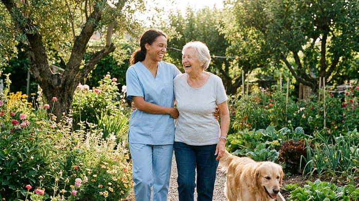 Eine fürsorgliche Pflegekraft in hellblauer Kleidung stützt eine ältere Dame beim gemeinsamen Spaziergang im heimischen Garten. Beide lachen fröhlich. Sonniges Wetter, grüne Natur, liebevolle Betreuungssituation, authentische Fotografie.