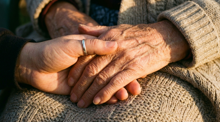 Eine Nahaufnahme von zwei Händen, die sich beruhigend halten. Eine jüngere Hand hält sanft die Hand einer älteren Person. Warme Farben, emotionale Verbundenheit und familiärer Zusammenhalt, detailreiches Foto.