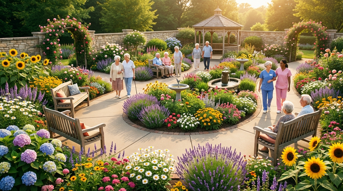Ein sicherer, idyllischer Demenzgarten mit einem gepflasterten Rundweg, gesäumt von bunten, ungiftigen Blumen und gemütlichen Holzbänken an einem sonnigen Nachmittag.
