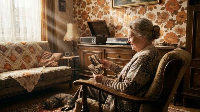 Ein gemütliches Zimmer im Stil der 1960er Jahre mit alten Holzmöbeln und geblümter Tapete. Eine ältere Person betrachtet entspannt alte Schwarz-Weiß-Fotografien in einem Sessel.