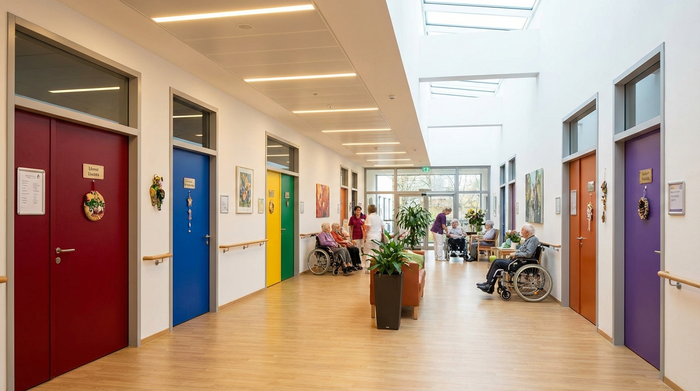Ein heller, breiter Flur in einer Pflegeeinrichtung mit tageslichtähnlicher Beleuchtung. Die Zimmertüren sind in kräftigen, unterschiedlichen Farben gestrichen, um die Orientierung zu erleichtern.