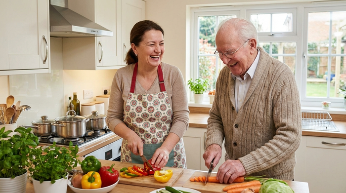Eine freundliche osteuropäische Betreuungskraft kocht gemeinsam mit einem älteren Herrn in einer heimischen, sauberen Küche. Beide lachen und schneiden frisches Gemüse.