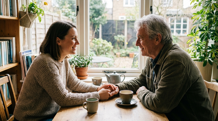 Eine erwachsene Tochter und ihr älterer Vater sitzen entspannt bei einer Tasse Kaffee zusammen. Die Tochter hält liebevoll die Hand ihres Vaters in einer ruhigen Umgebung.