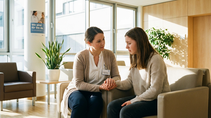 Ein einfühlsames Gespräch zwischen einer Sozialarbeiterin und einer besorgten Tochter im Krankenhaus, helle Umgebung, professionell und unterstützend.