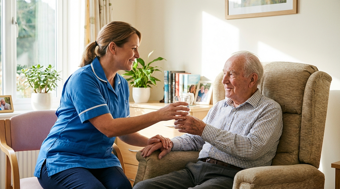 Eine freundliche Pflegekraft reicht einem älteren Herrn ein Glas Wasser in einem hellen, sauberen Pflegezimmer, vertrauensvolle Stimmung.