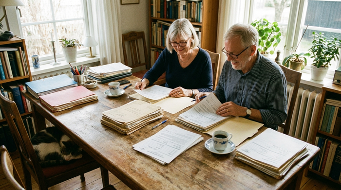 Ein älteres Ehepaar sitzt gemeinsam an einem Holztisch und sortiert übersichtlich Dokumente und Anträge, konzentrierte, aber entspannte Atmosphäre.