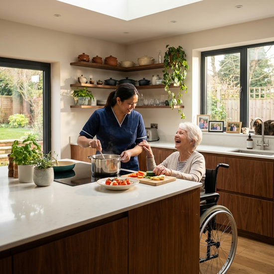 Eine fürsorgliche Betreuerin kocht gemeinsam mit einer lachenden Seniorin in einer gemütlichen, modernen Küche, häusliche Umgebung.