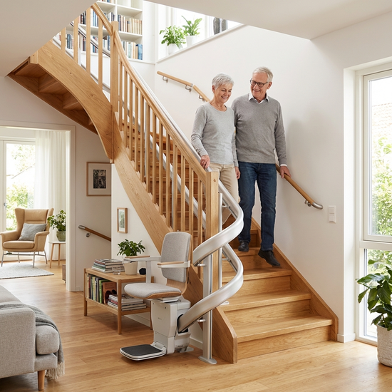 Ein moderner Treppenlift an einer gepflegten Holztreppe in einem hellen Einfamilienhaus, sicheres Wohnen im Alter.