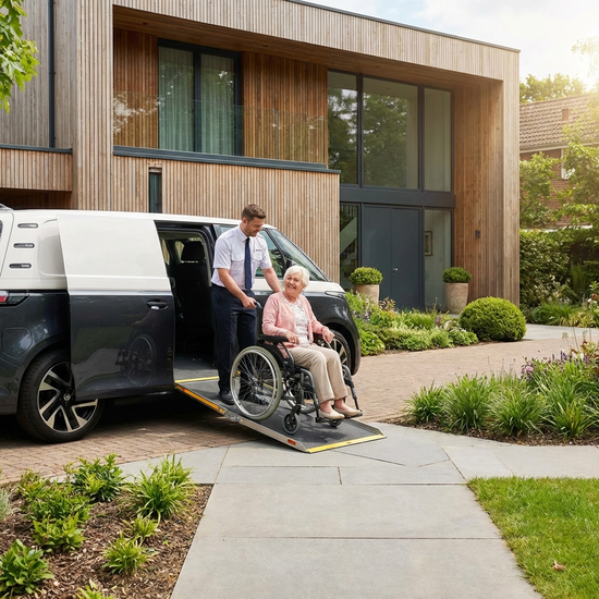 Ein moderner Kleinbus mit ausgefahrener Rampe steht vor einem gepflegten Einfamilienhaus. Ein freundlicher Fahrer hilft einer lächelnden Seniorin sicher beim Einsteigen.
