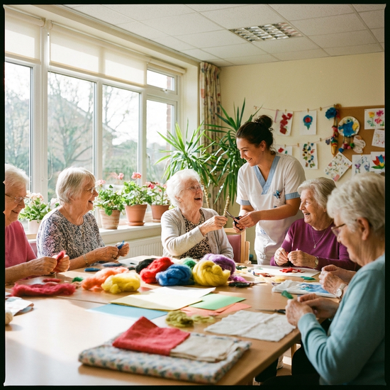 Mehrere Senioren sitzen in einer hellen, freundlichen Runde zusammen und basteln mit bunten Materialien. Eine Betreuerin reicht lächelnd Werkzeuge an.