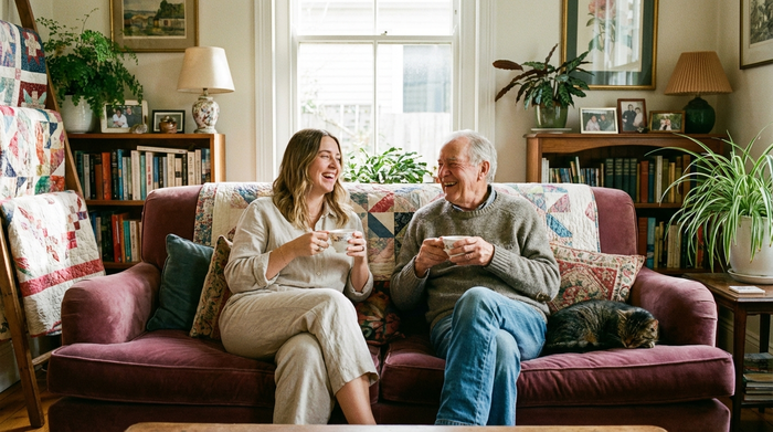 Eine entspannte Tochter sitzt mit ihrem älteren Vater auf einem gemütlichen Sofa im Wohnzimmer. Beide wirken glücklich und entlastet, während sie gemeinsam Tee trinken.