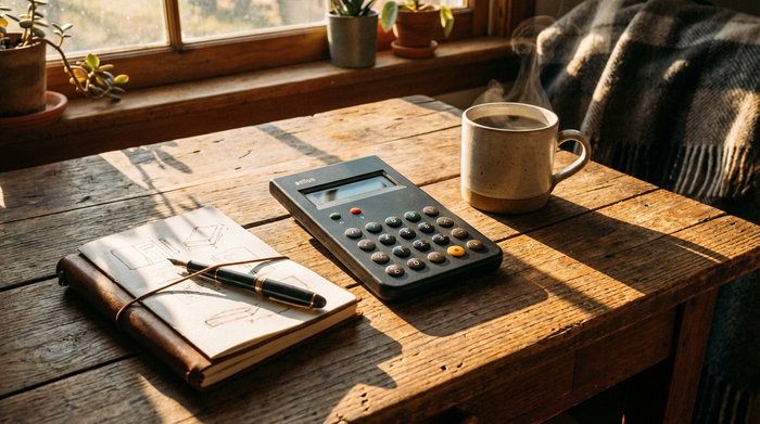 Ein stilvoller Taschenrechner, ein Notizblock und ein Stift liegen auf einem hölzernen Schreibtisch neben einer Tasse Kaffee im warmen Sonnenlicht.