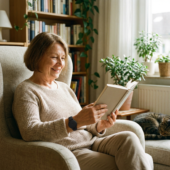Ein moderner, unauffälliger Hausnotruf-Knopf am Handgelenk einer älteren Person, die in einem Sessel entspannt ein Buch liest.