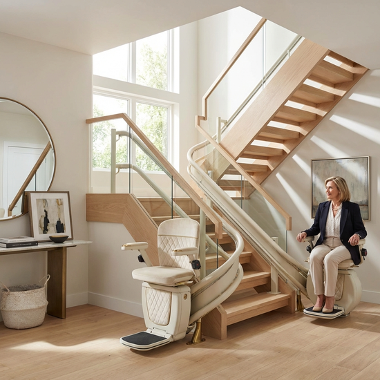 Ein eleganter, gepolsterter Treppenlift fährt an einer hellen Holztreppe in einem modernen Hausflur hinauf.