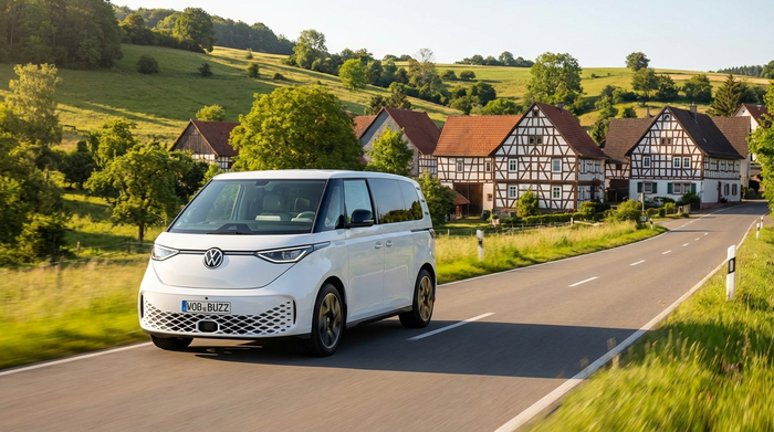 Ein moderner, weißer Kleinbus fährt durch eine grüne, hügelige Landschaft mit gepflegten Fachwerkhäusern im Hintergrund. Sonniges Wetter, klare Sicht, realistische Fotografie ohne Text.