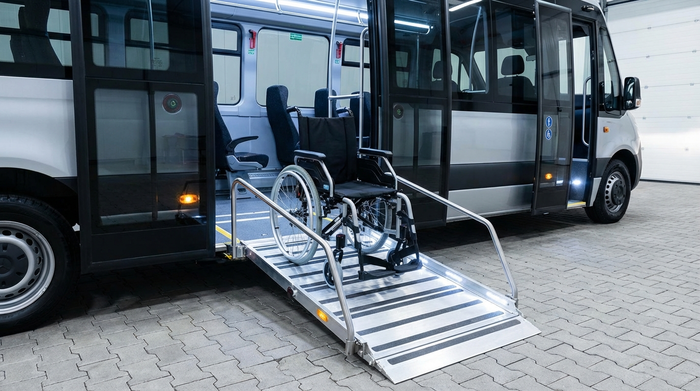 Detailansicht der geöffneten Hecktüren eines modernen Kleinbusses mit einer sicheren, metallenen Rollstuhlrampe. Ein leerer, moderner Rollstuhl steht sicher auf der Rampe, helle Beleuchtung, saubere Umgebung.