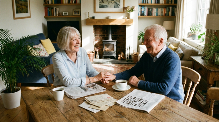 Ein älteres Ehepaar sitzt entspannt an einem Holztisch bei einer Tasse Kaffee und lächelt. Auf dem Tisch liegen einige Papiere, eine ruhige und sorgenfreie Atmosphäre in einem gemütlichen Wohnzimmer.