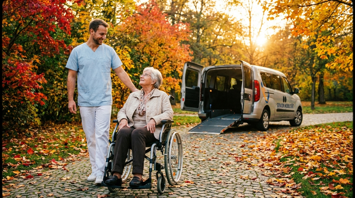 Ein fürsorglicher Pfleger begleitet eine ältere Dame im Rollstuhl über einen gepflasterten Weg zu einem wartenden Transportfahrzeug. Herbstliches Wetter, bunte Blätter, warme und vertrauensvolle Stimmung.