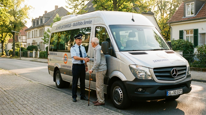 Ein lächelnder Fahrer steht neben seinem Kleinbus und reicht einem älteren Herrn freundlich die Hand. Gepflegtes Fahrzeug, saubere Straße, sonniger Morgen, Fokus auf Vertrauen und Sicherheit.