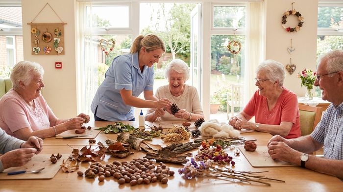 Eine Gruppe fröhlicher Senioren sitzt an einem großen Holztisch und bastelt mit Naturmaterialien. Eine Betreuerin unterstützt eine ältere Dame sanft bei der Arbeit. Helle, einladende Umgebung.
