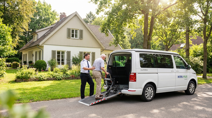 Ein moderner, weißer Kleinbus mit ausgefahrener Rollstuhlrampe steht vor einem gepflegten Einfamilienhaus im Grünen. Ein freundlicher Fahrer hilft einem Senior mit Rollator beim sicheren Einstieg.