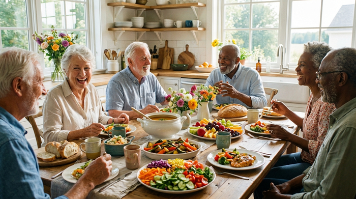 Ein liebevoll gedeckter Esstisch mit gesunden, bunten Speisen in einer hellen Essküche. Ältere Menschen essen gemeinsam, lachen und unterhalten sich angeregt.