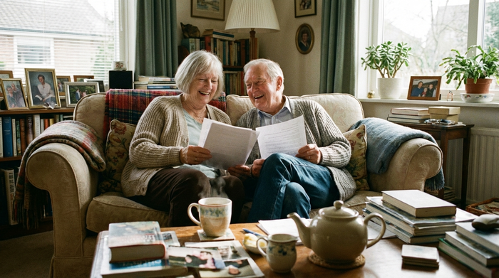 Ein älteres Ehepaar sitzt entspannt auf einem gemütlichen Sofa im heimischen Wohnzimmer und betrachtet lächelnd einige Dokumente. Eine dampfende Tasse Tee steht auf dem Couchtisch.