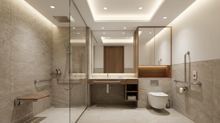 Ein modern eingerichtetes, barrierefreies Badezimmer mit einer bodengleichen Dusche, rutschfesten Fliesen und stabilen Haltegriffen. Sauber, sicher und sehr gut beleuchtet.