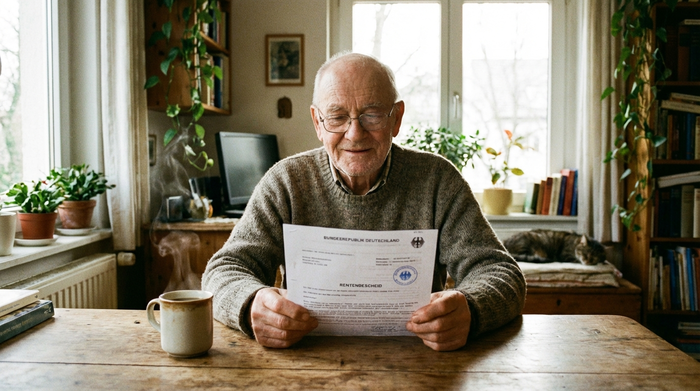 Ein älterer Herr sitzt entspannt an einem Holztisch und liest ein offizielles Dokument, während eine Tasse Kaffee dampfend neben ihm steht. Helle und freundliche Atmosphäre im Raum.