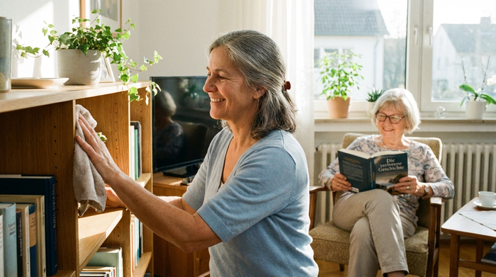 Eine sympathische Haushaltshilfe wischt mit einem weichen Tuch über ein Holzregal in einem aufgeräumten, sonnendurchfluteten Wohnzimmer. Eine ältere Dame sitzt im Hintergrund und liest entspannt ein Buch.