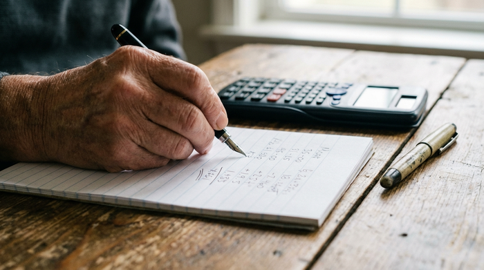 Ein moderner Taschenrechner, ein Stift und ein Notizblock liegen auf einem Holztisch. Eine ältere Hand schreibt ruhig Zahlen auf das Papier. Der Fokus liegt auf der Hand und den Notizen.