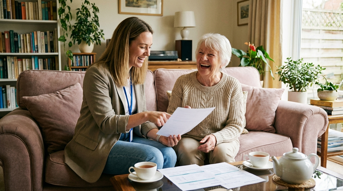 Zwei Frauen, eine jüngere Dienstleisterin und eine Seniorin, sitzen lachend bei einer Tasse Tee auf einem gemütlichen Sofa und besprechen Papiere. Vertrauensvolle und harmonische Stimmung.