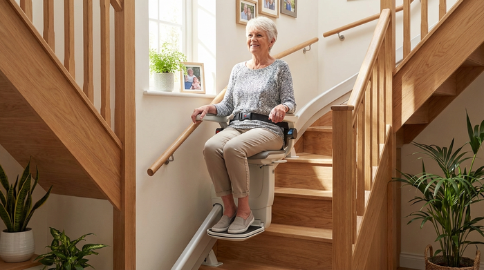 Eine rüstige Seniorin fährt mit einem modernen Treppenlift sicher und entspannt die Holztreppe in ihrem gepflegten Einfamilienhaus hinauf. Sie lächelt zufrieden und hält sich sicher fest.