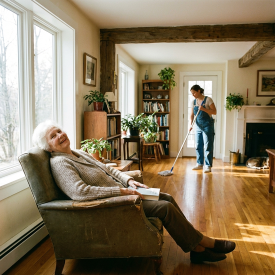Eine ältere Dame lehnt sich entspannt in ihrem Sessel zurück, während im Hintergrund eine Reinigungskraft den Holzboden eines gemütlichen Wohnzimmers wischt. Helles Tageslicht und eine saubere Umgebung.