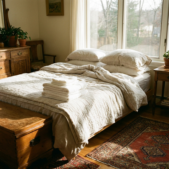 Ein Stapel frisch gefalteter Handtücher und aufgeschüttelte Bettwäsche auf einem ordentlichen Bett in einem sonnendurchfluteten, gemütlichen Schlafzimmer.