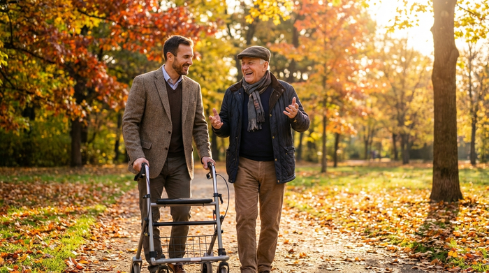 Ein geduldiger, männlicher Alltagsbegleiter spaziert gemeinsam mit einem Senior, der einen Rollator nutzt, durch einen grünen Park an einem sonnigen Herbsttag. Beide unterhalten sich angeregt.