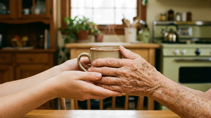 Zwei Hände, eine jünger und eine älter mit sichtbaren Lebenslinien, halten gemeinsam eine warme Kaffeetasse. Im Hintergrund ist eine unscharfe, behagliche Wohnküche zu erkennen.