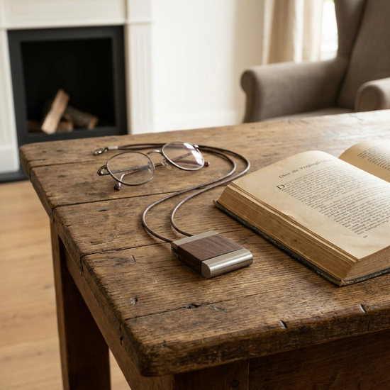 Ein moderner, unauffälliger Hausnotruf-Knopf liegt auf einem rustikalen Holztisch direkt neben einer Lesebrille und einem aufgeschlagenen Buch.