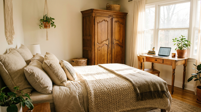 Ein helles, freundlich eingerichtetes Gästezimmer mit einem bequemen Bett, einem Holzschrank und einem kleinen Schreibtisch am Fenster. Ein Laptop steht auf dem Tisch, gemütliche Atmosphäre.