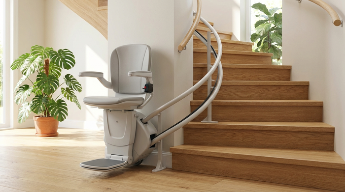 Ein moderner Treppenlift an einer geschwungenen Holztreppe in einem gepflegten Einfamilienhaus. Helle Wände, eine große grüne Zimmerpflanze im Hintergrund, sichere und barrierefreie Umgebung.